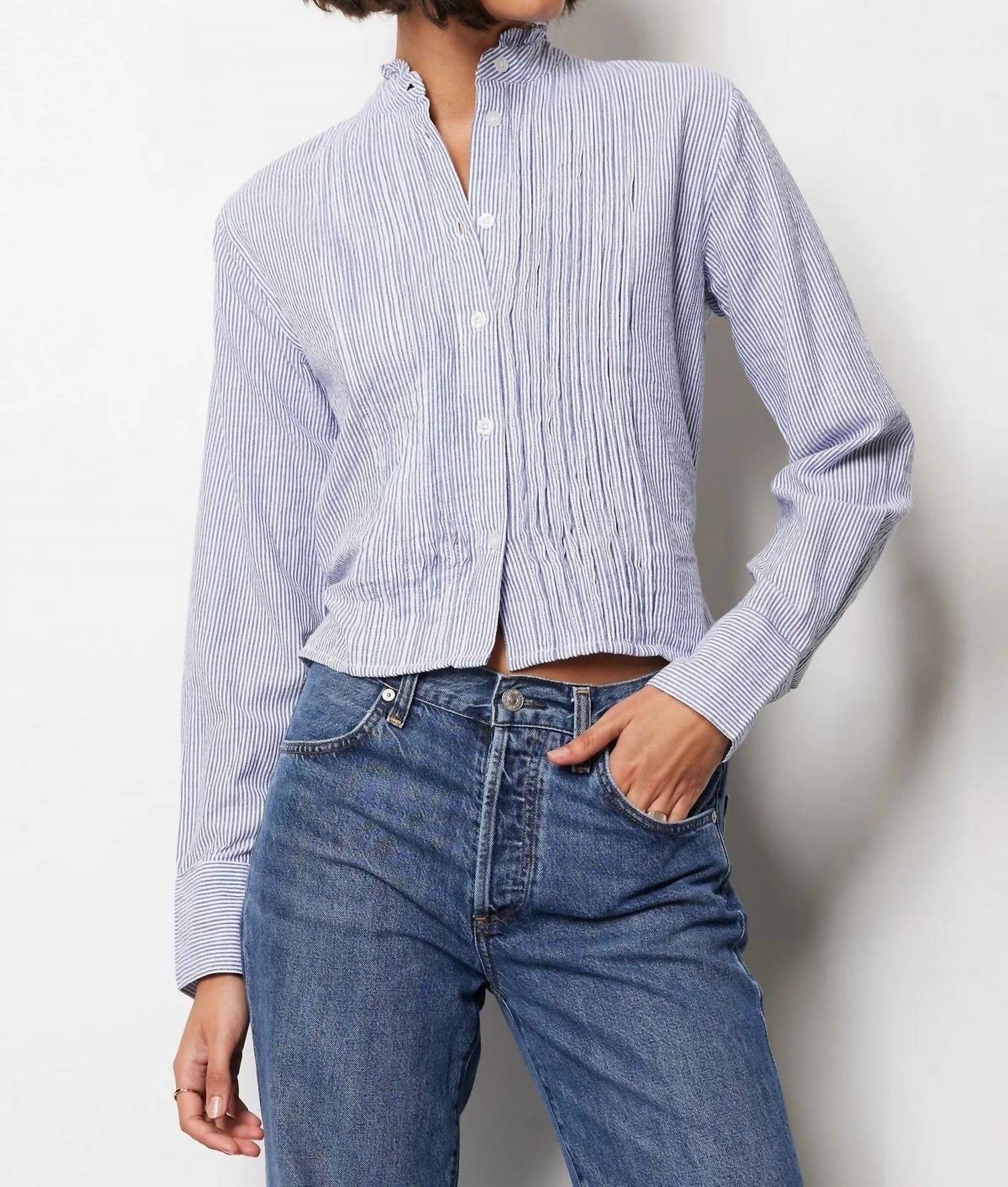 bobi Long Sleeve Pintuck Shirt in blue - women's shirt