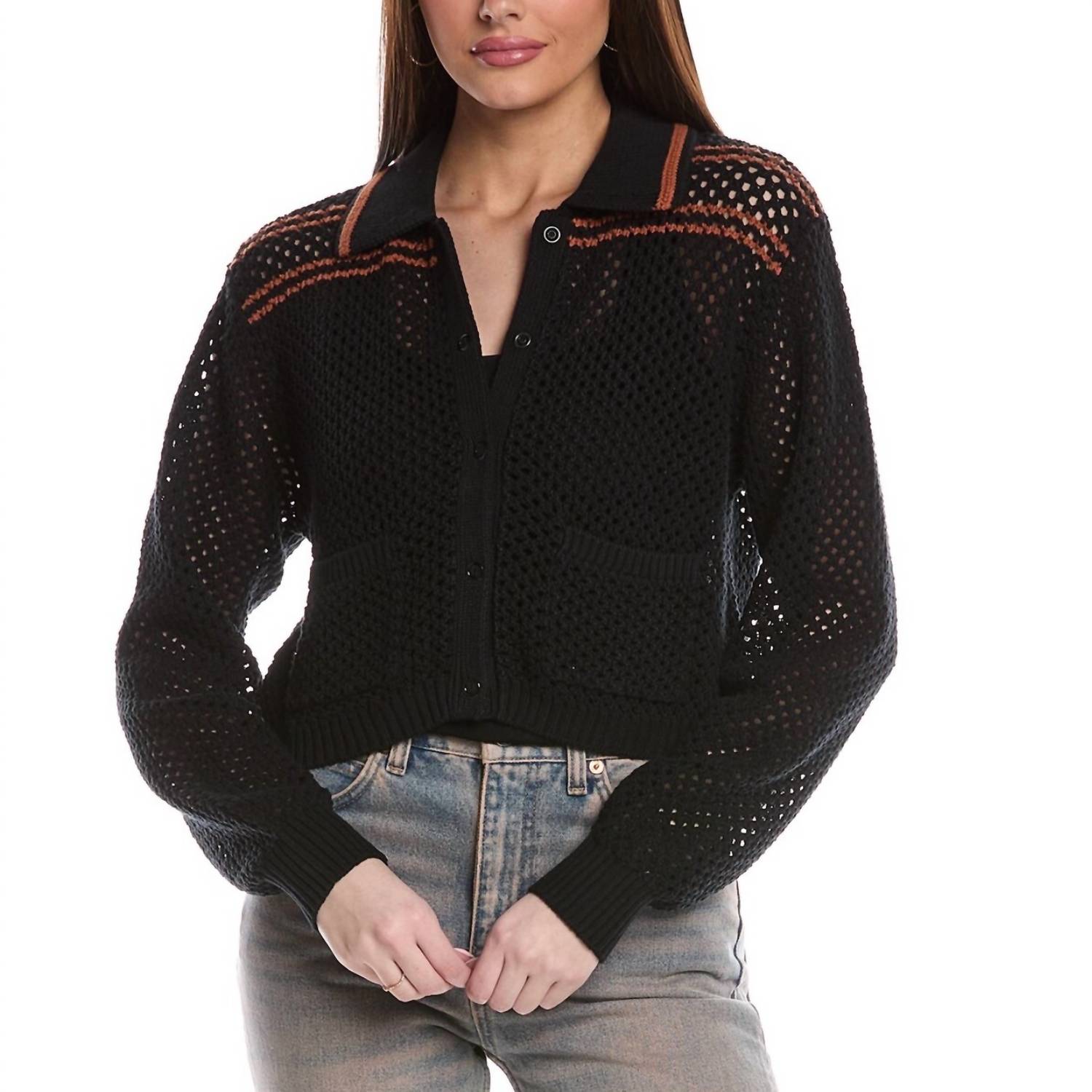Re/Done - Crochet Mesh Polo Caridgan Top