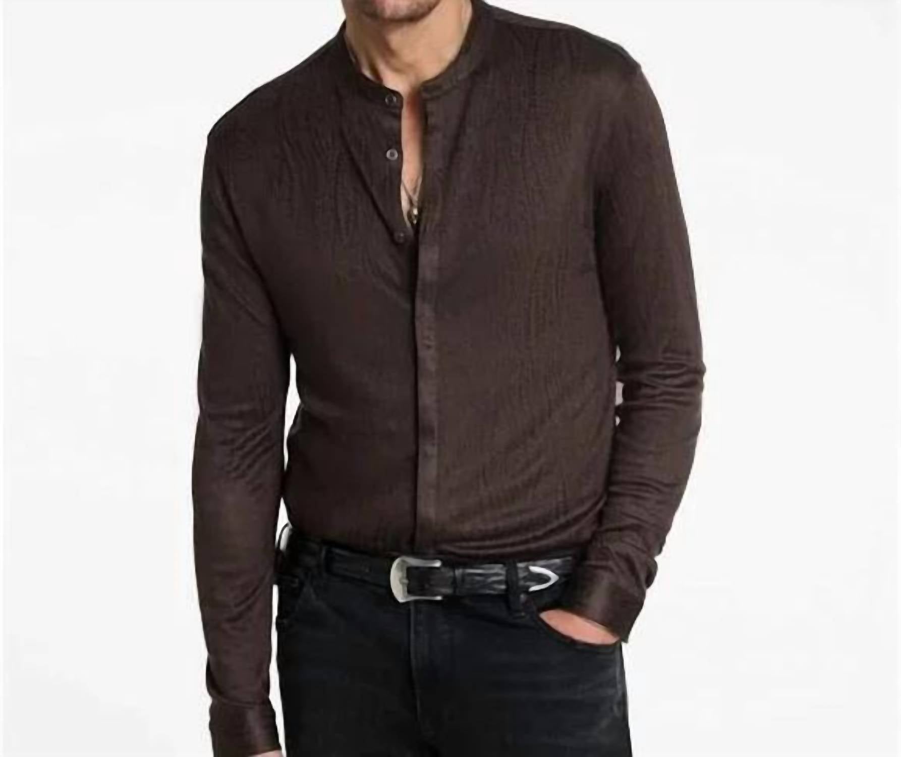 John Varvatos Otavio Stand-collar Stretch Wave Button-up Shirt in brown - men's shirt - alternate view