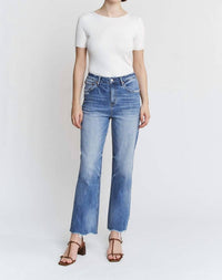 mica denim High Rise Raw Hem Loose Fit Straight Leg Jeans in meduim wash - women's jeans