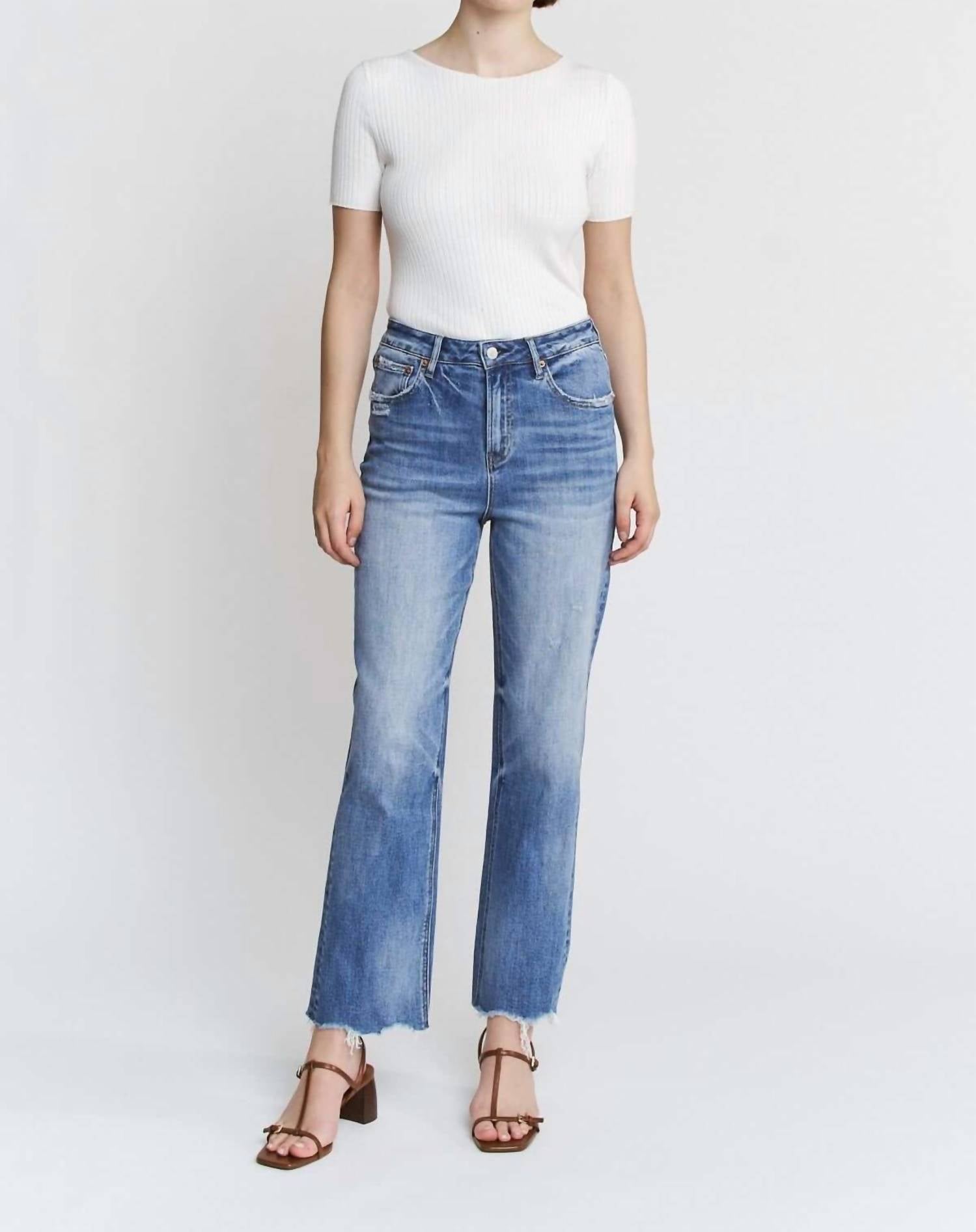 mica denim High Rise Raw Hem Loose Fit Straight Leg Jeans in meduim wash - women's jeans