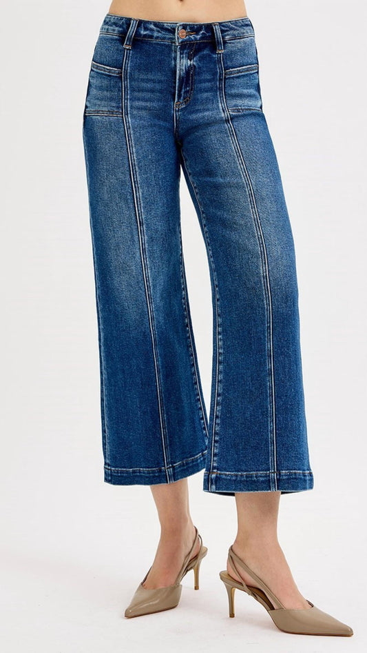 Risen - Mid Rise Crop Wide Front Patch Pocket Jeans