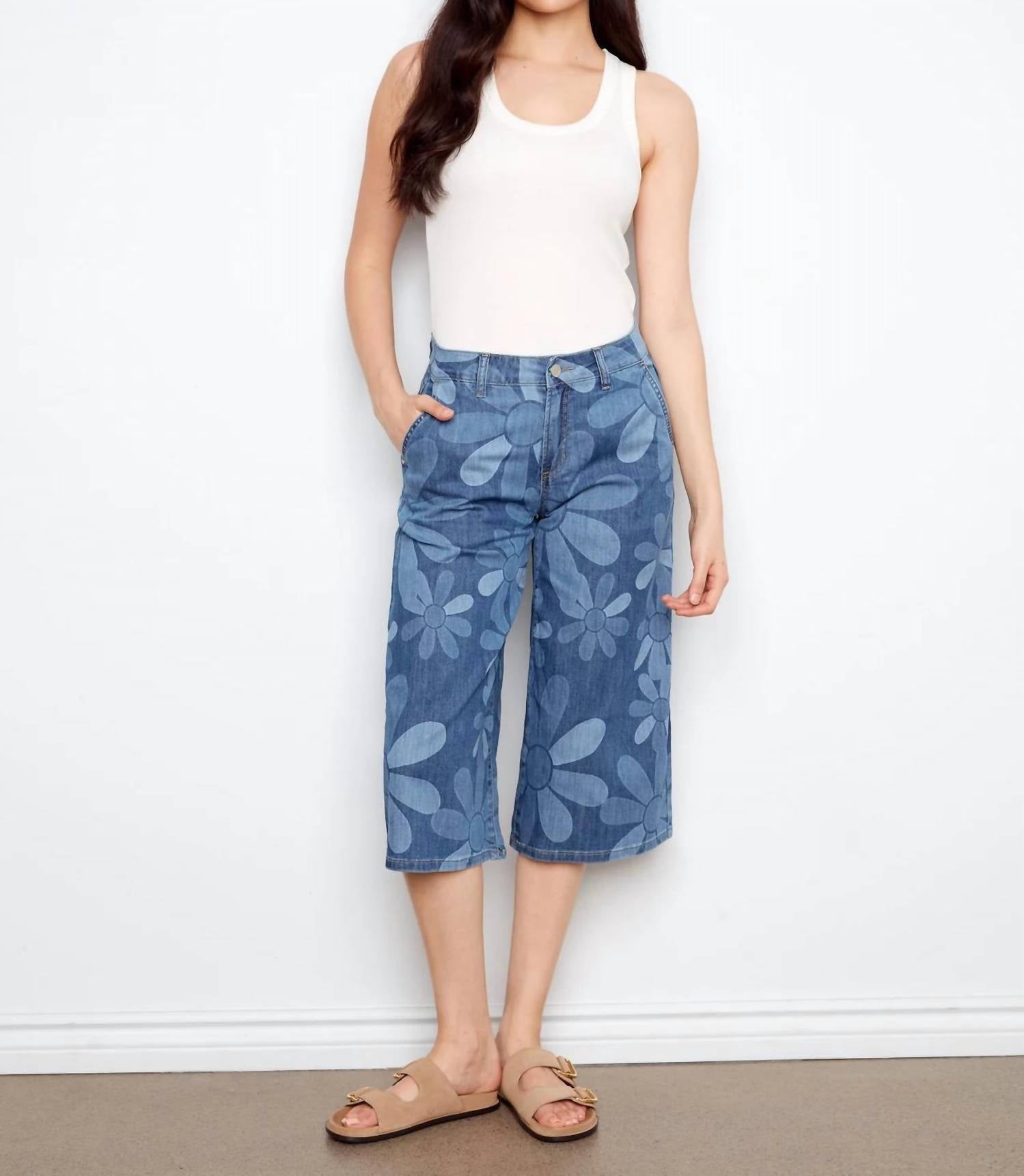Charlie B - Printed Cropped Stretch Denim Palazzo Pants