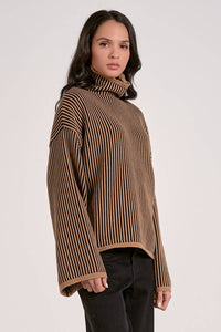 ELAN Striped Long Sleeve Sweater in tan black stripe - women's sweater - alternate view
