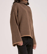 ELAN Striped Long Sleeve Sweater in tan black stripe - women's sweater - detail view