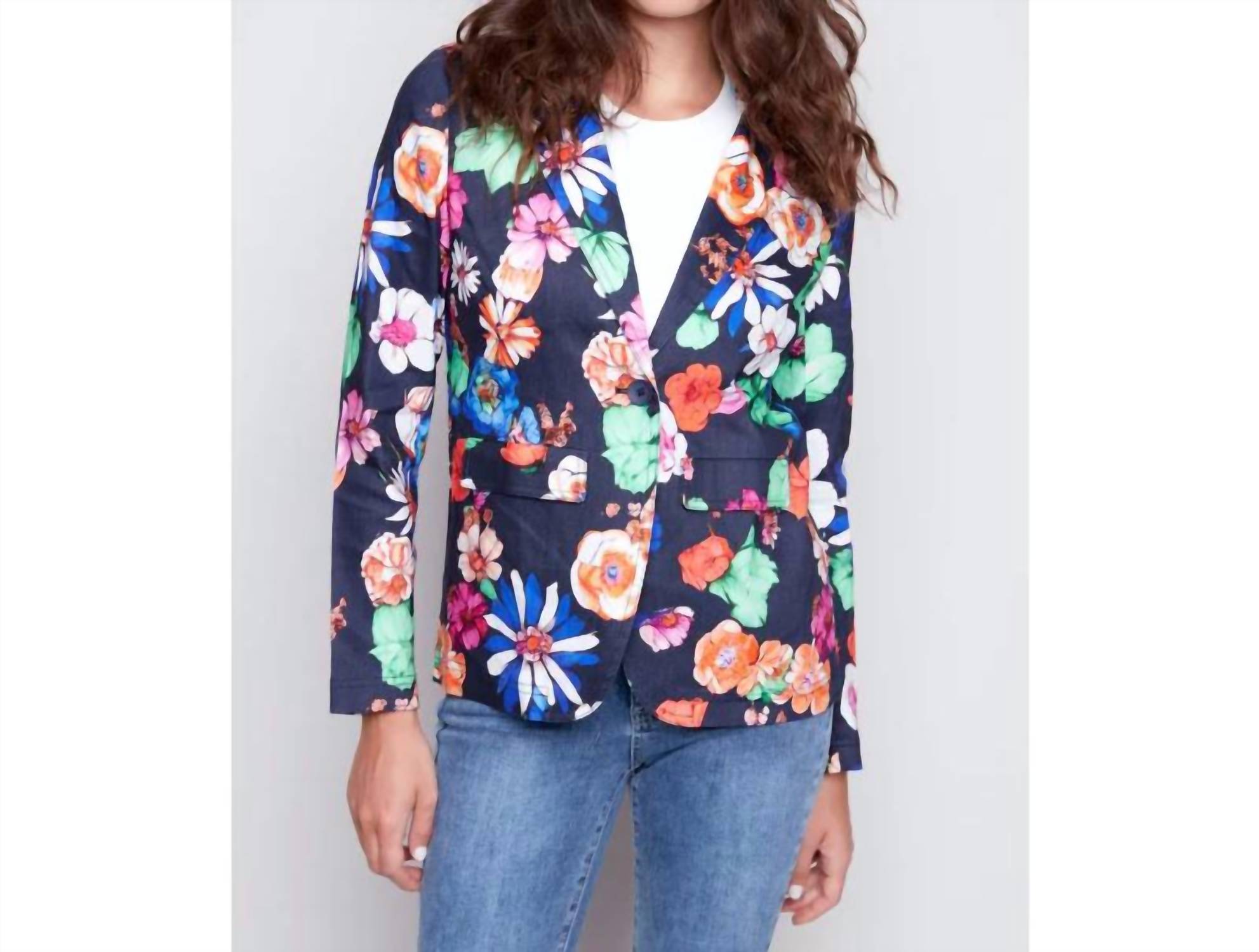 CHARLIE B Floral Linen Blazer in gardenia - women's jacket