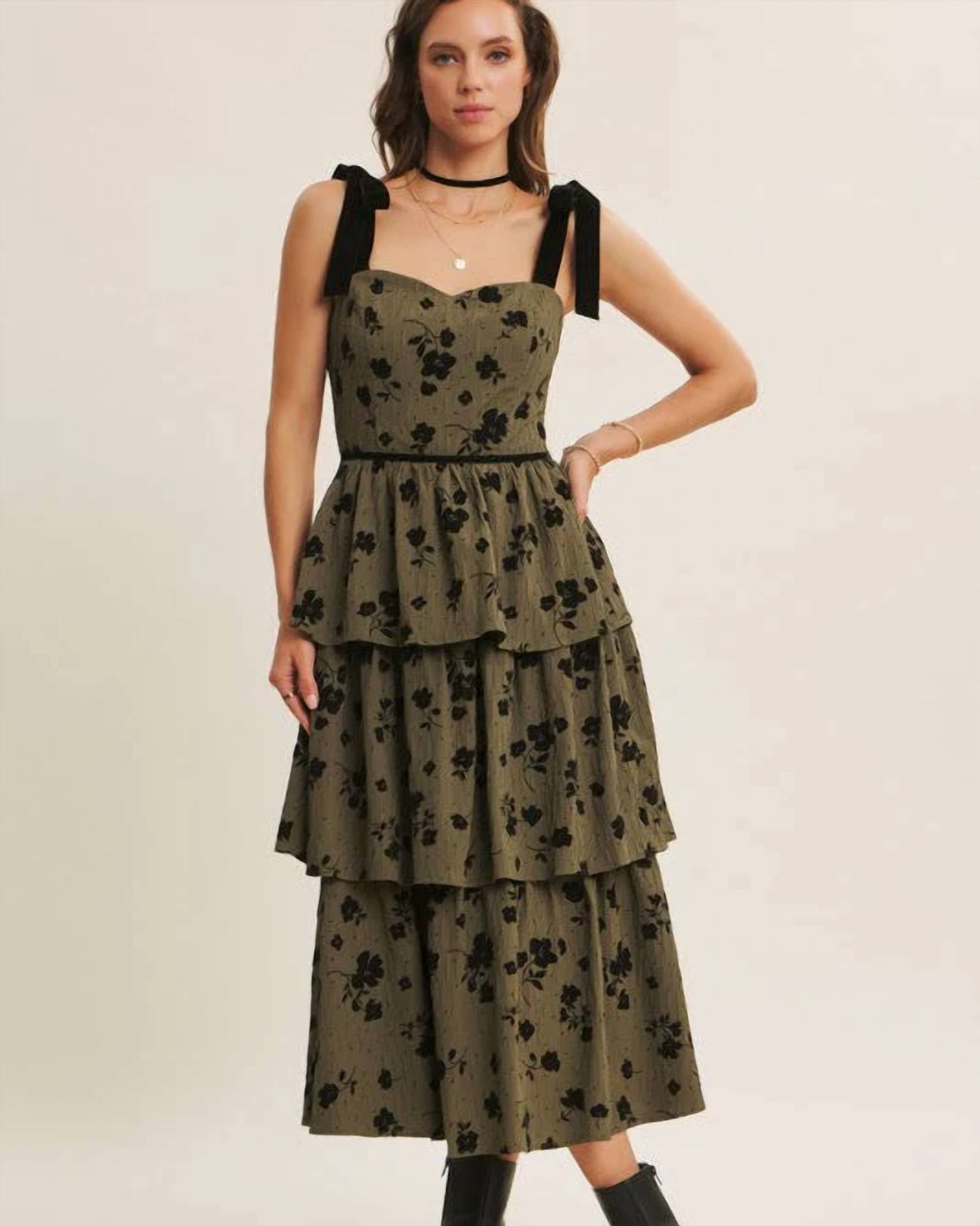 In February - Velvet Flower Tiered Midi Dress