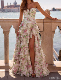 Sherri Hill Ruched Bodice High Slit Floral Dress in ivory green pink print - women's dress - detail view