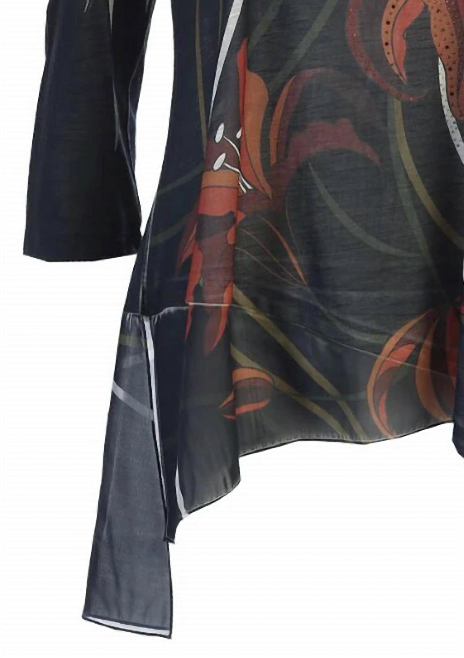 Jess & Jane Women's Lily Trio Slit V-neck Chiffon Contrast Top in black floral burnout - women's blouse - detail view