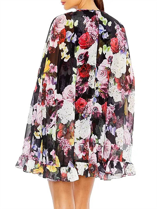 Ieena For Mac Duggal - Floral Cape Mini Dress
