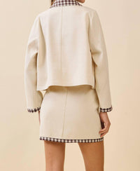 Tcec - Contrast Gingham Trim Front Zipper Collared Jacket