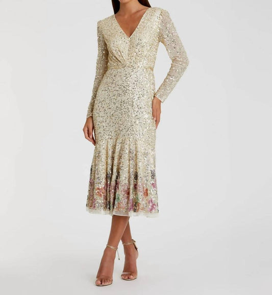 Mac Duggal - Faux Wrap Long Sleeve Tea Length Sequin Dress