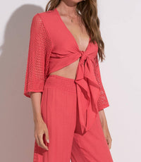Elan - Resort Tie Front Crochet Sleeve Top