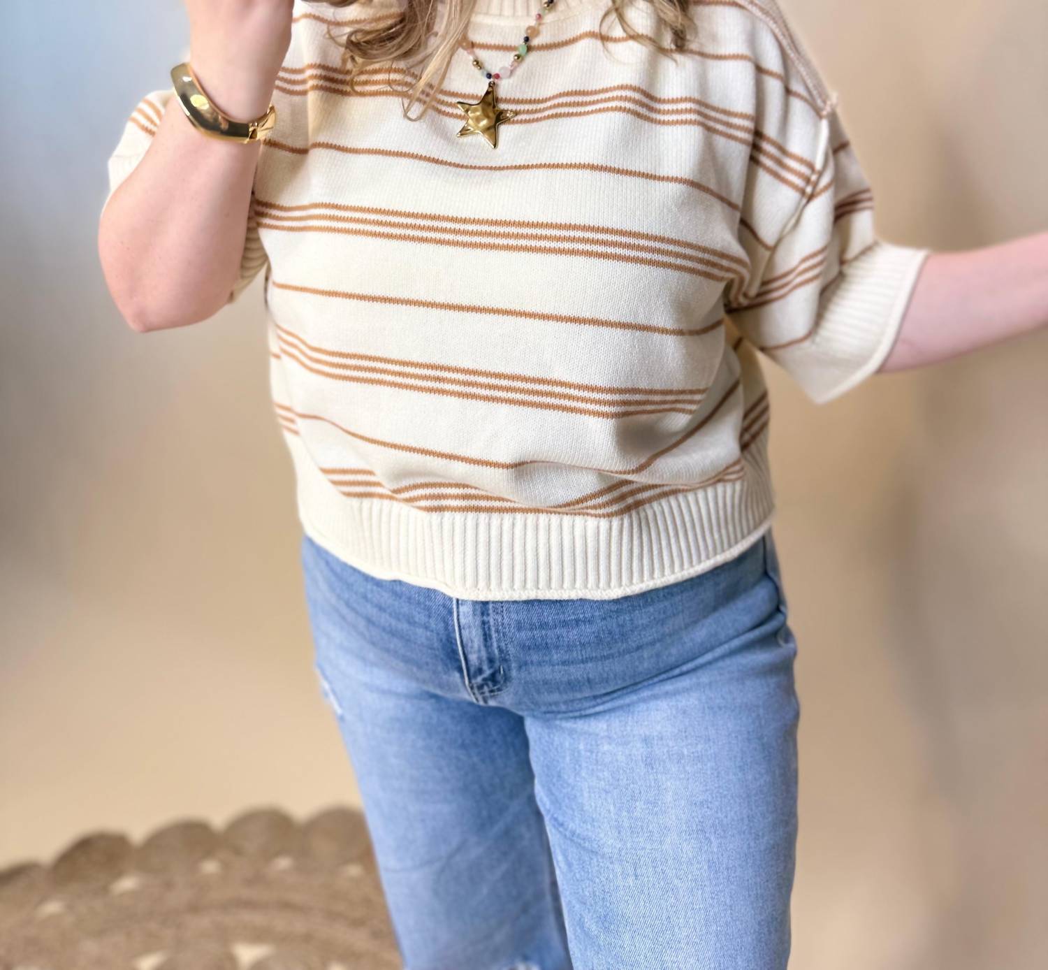 ee:some Striped Short Sleeve Sweater in yellow - women's sweater - alternate view