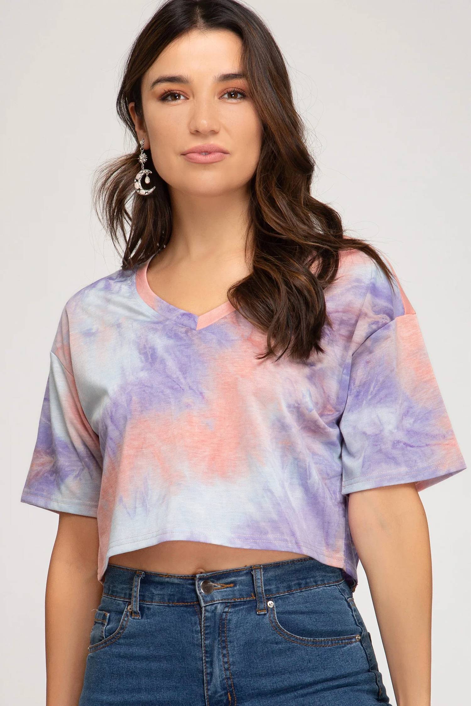 She + Sky - V-neck Tie Dyed Terry Crop Top