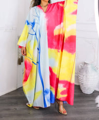 Surelymine - Colorburst Abstract Kimono Maxi Dress Flowy V-neck Style