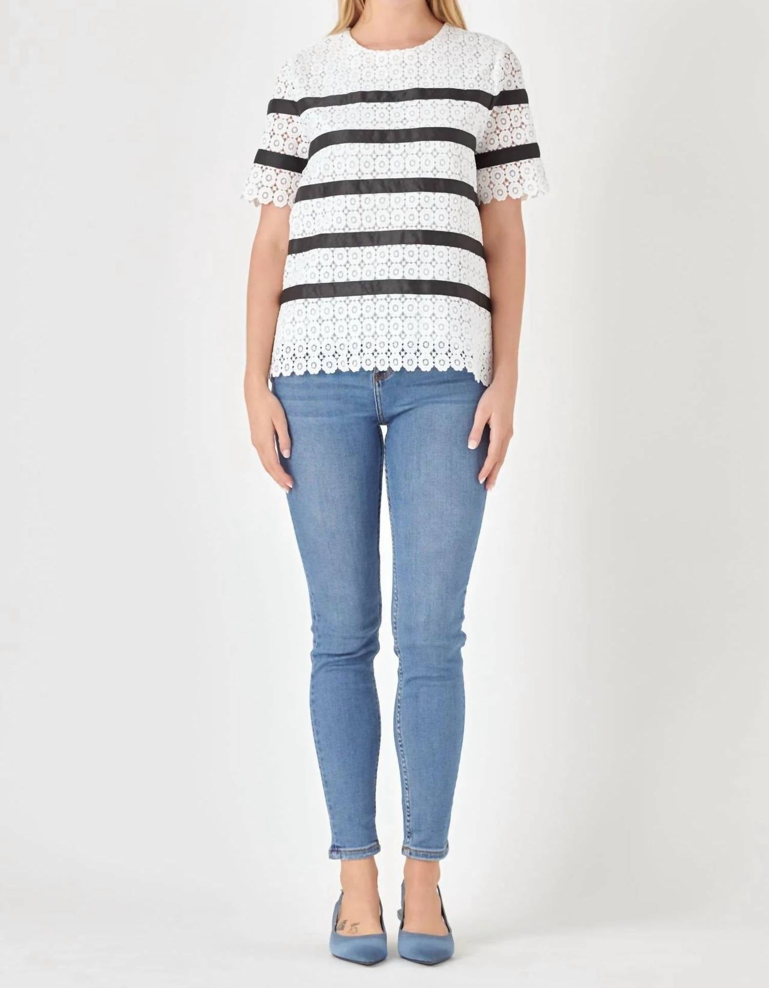 English Factory - Lace Short Sleeve Striped Top