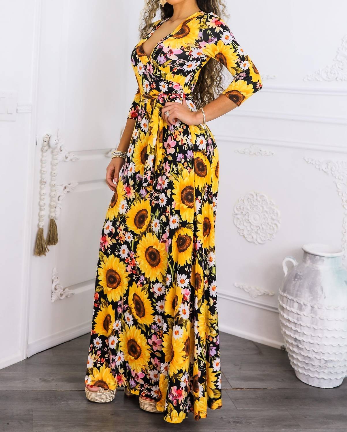 Surelymine - Sunshine & Bloom Faux Wrap Maxi Dress