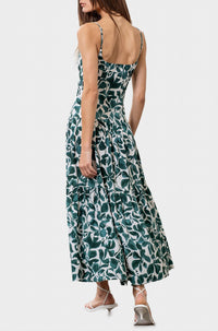 MOON RIVER Tiered Cami Midi Dress in green leaf print - women's dress - detail view
