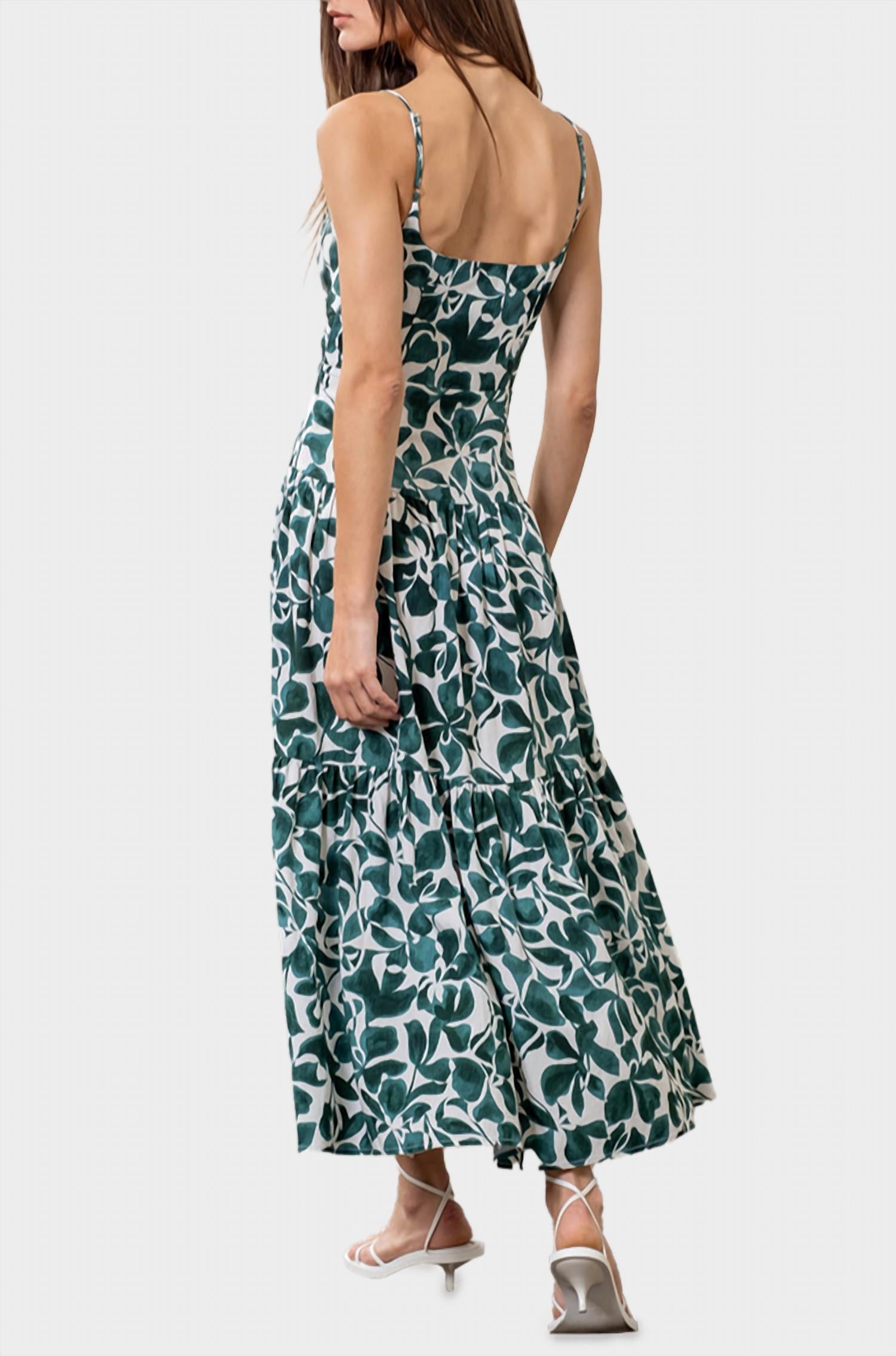 MOON RIVER Tiered Cami Midi Dress in green leaf print - women's dress - detail view