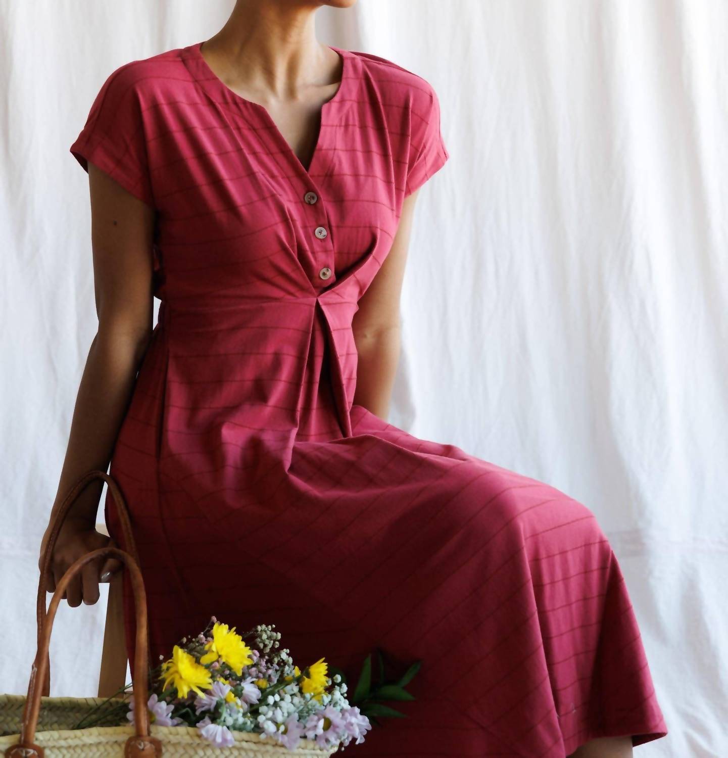 Downeast - Short Sleeve Inverted Pleat Midi Length Knit Dress