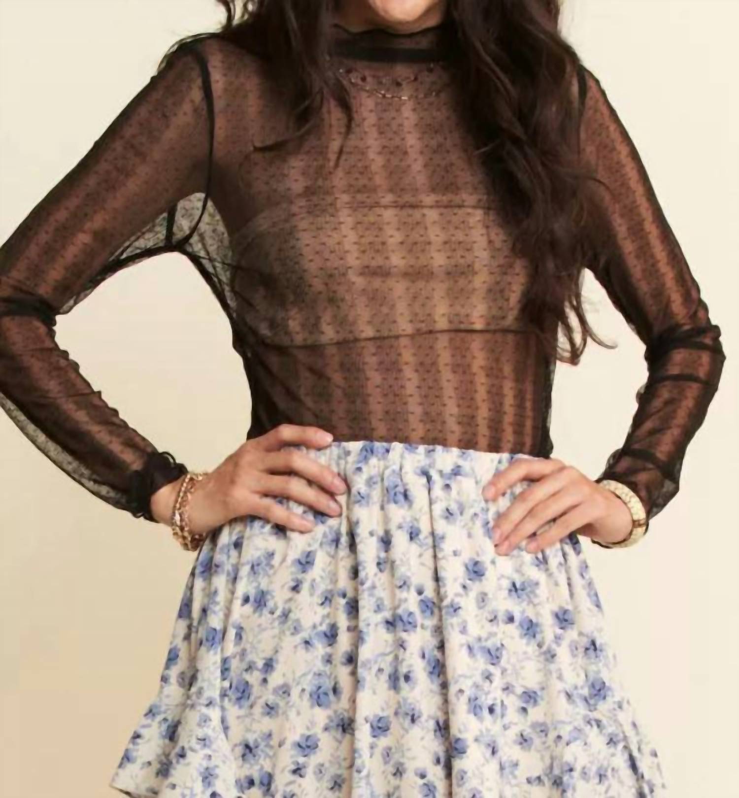 DAVI & DANI Midnight Whimsy Mesh Top in black - women's long sleeve top