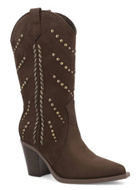 MIA Women's Morgann Pointed Toe Studded Western Boot in chocolate - women's shoe