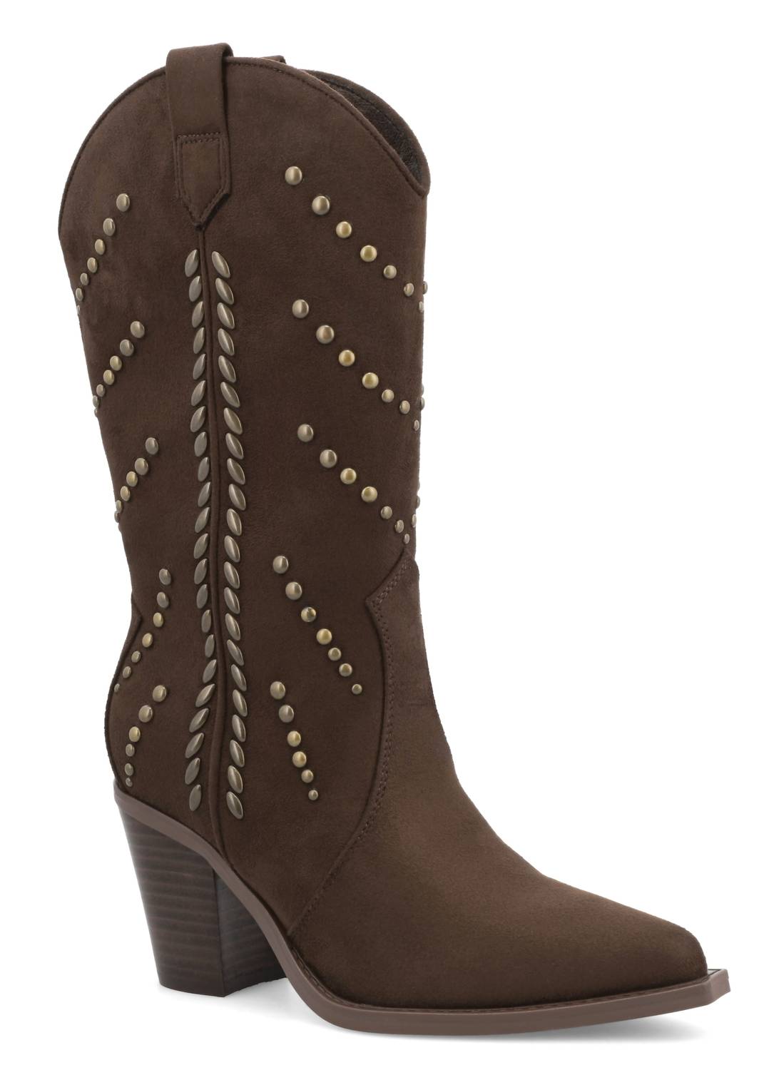 MIA Women's Morgann Pointed Toe Studded Western Boot in chocolate - women's shoe