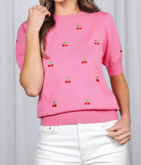 Vine & Love Cherry Embroidered Crew Neck Knitted Sweater in pink - women's sweater