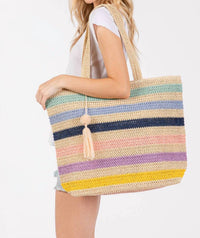 MiMi Wholesale Women's Amara Striped Crochet Tote Bag in multi - women's bag - detail view