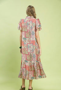 Umgee - Boho Patchwork Print Flutter Sleeve Midi Dress