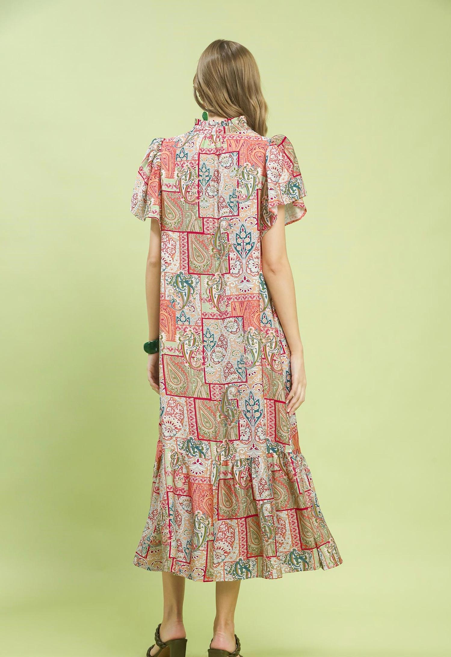 Umgee - Boho Patchwork Print Flutter Sleeve Midi Dress