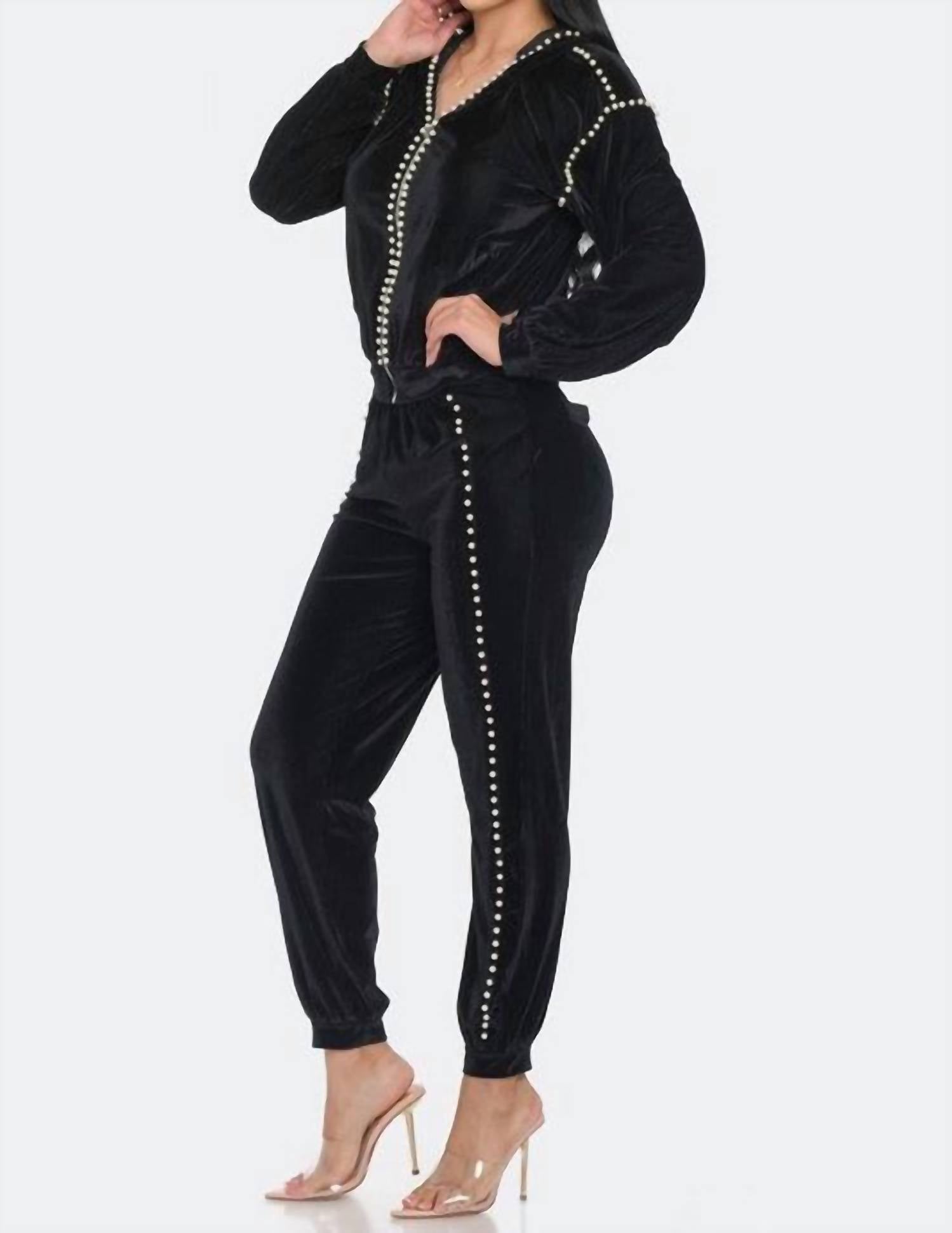 Omg Styles - Ribbed Pearl Trim Velour Jogger Set With Hoodie