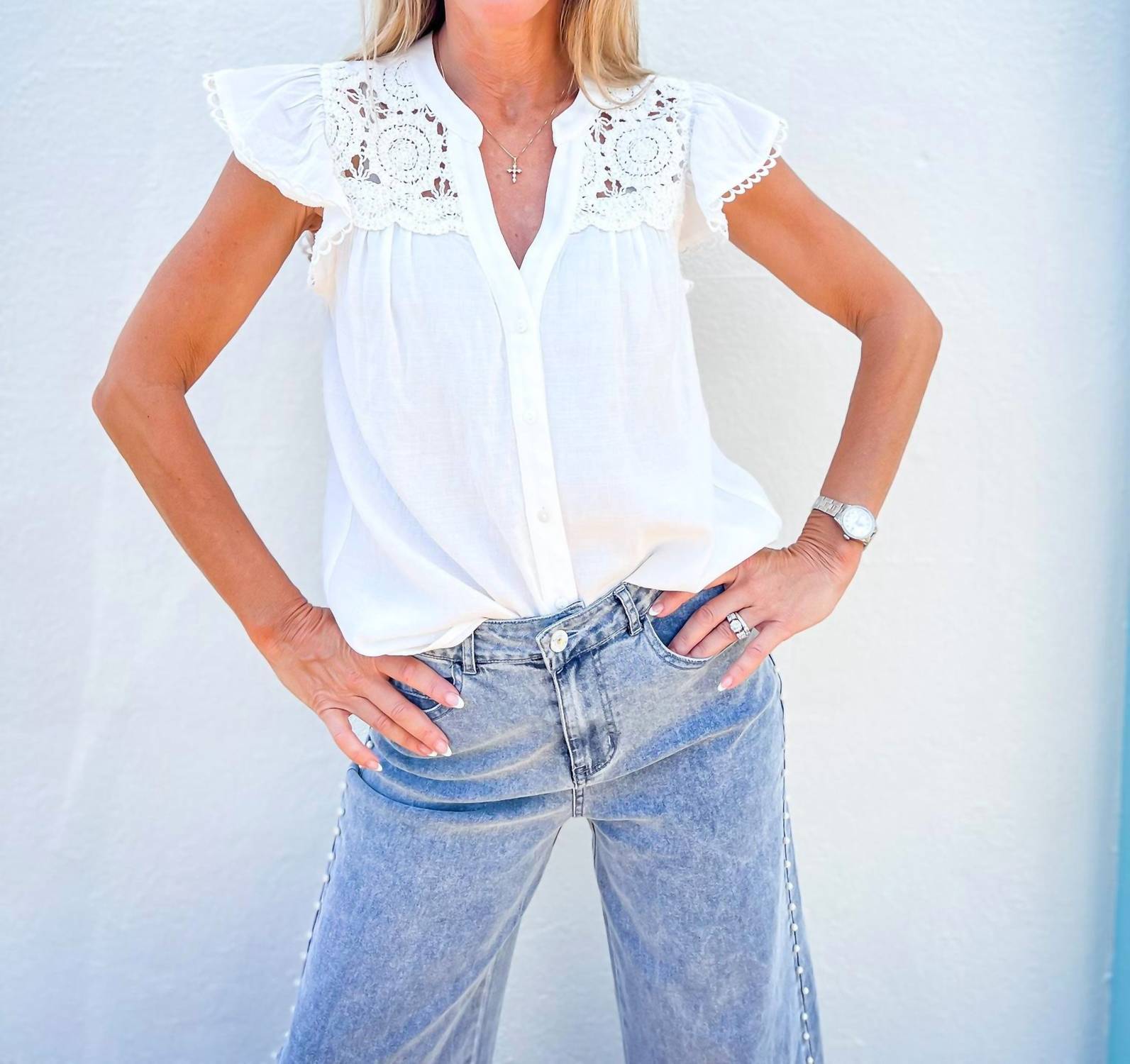 Hem & Thread - Sweet Grace Crochet Button Down Top