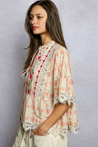 Pol - Floral Embroidered Lace Trim Print Light Blouse Top