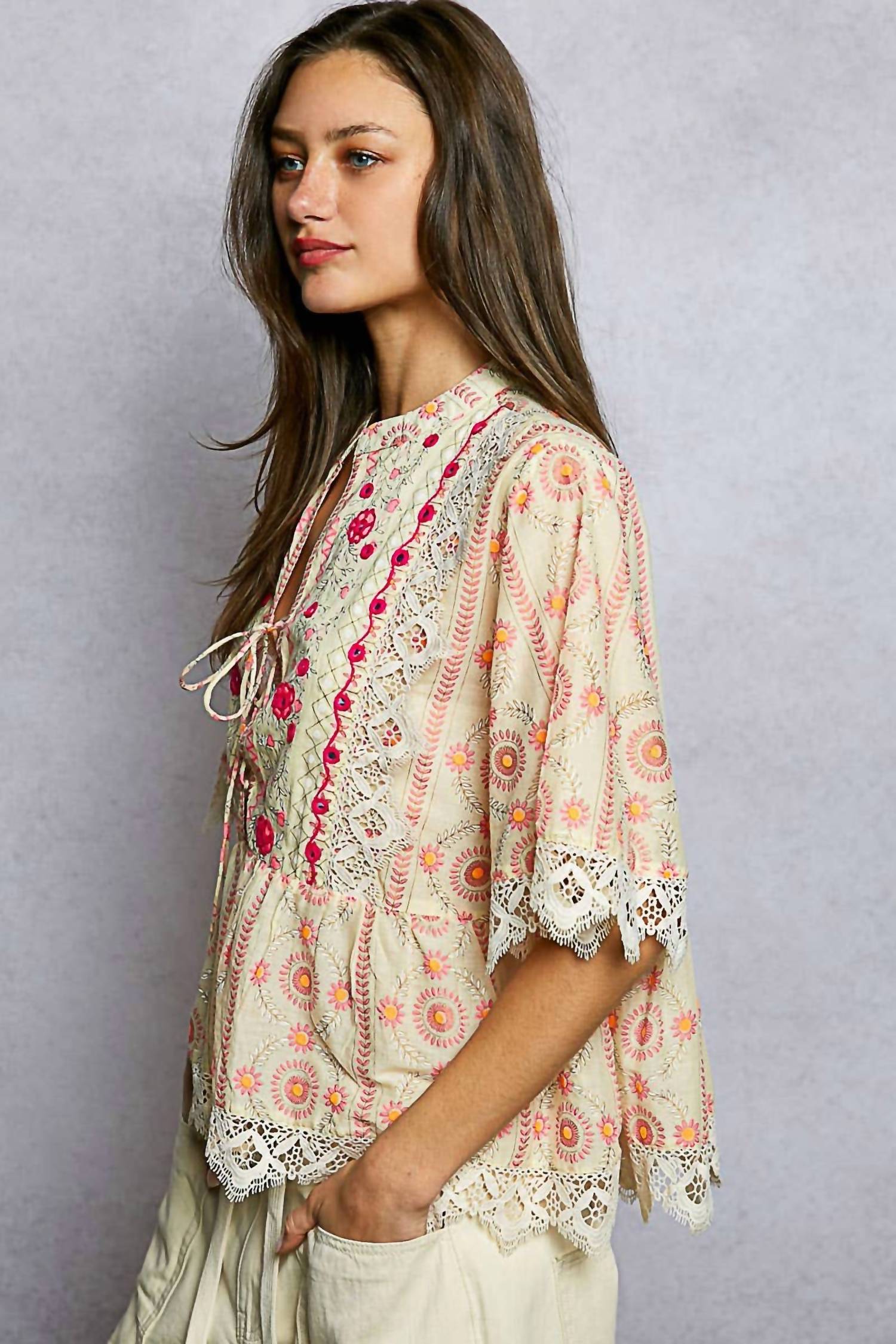 Pol - Floral Embroidered Lace Trim Print Light Blouse Top
