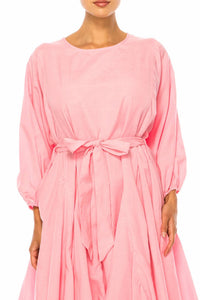 Vivid - Long Sleeve Belted Godet Skirt Flared Dress