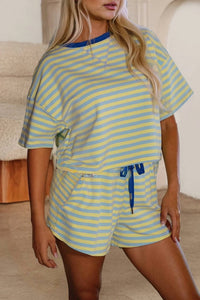 Shewin - Stripe Contrast Trim Boxy Terry Short Set