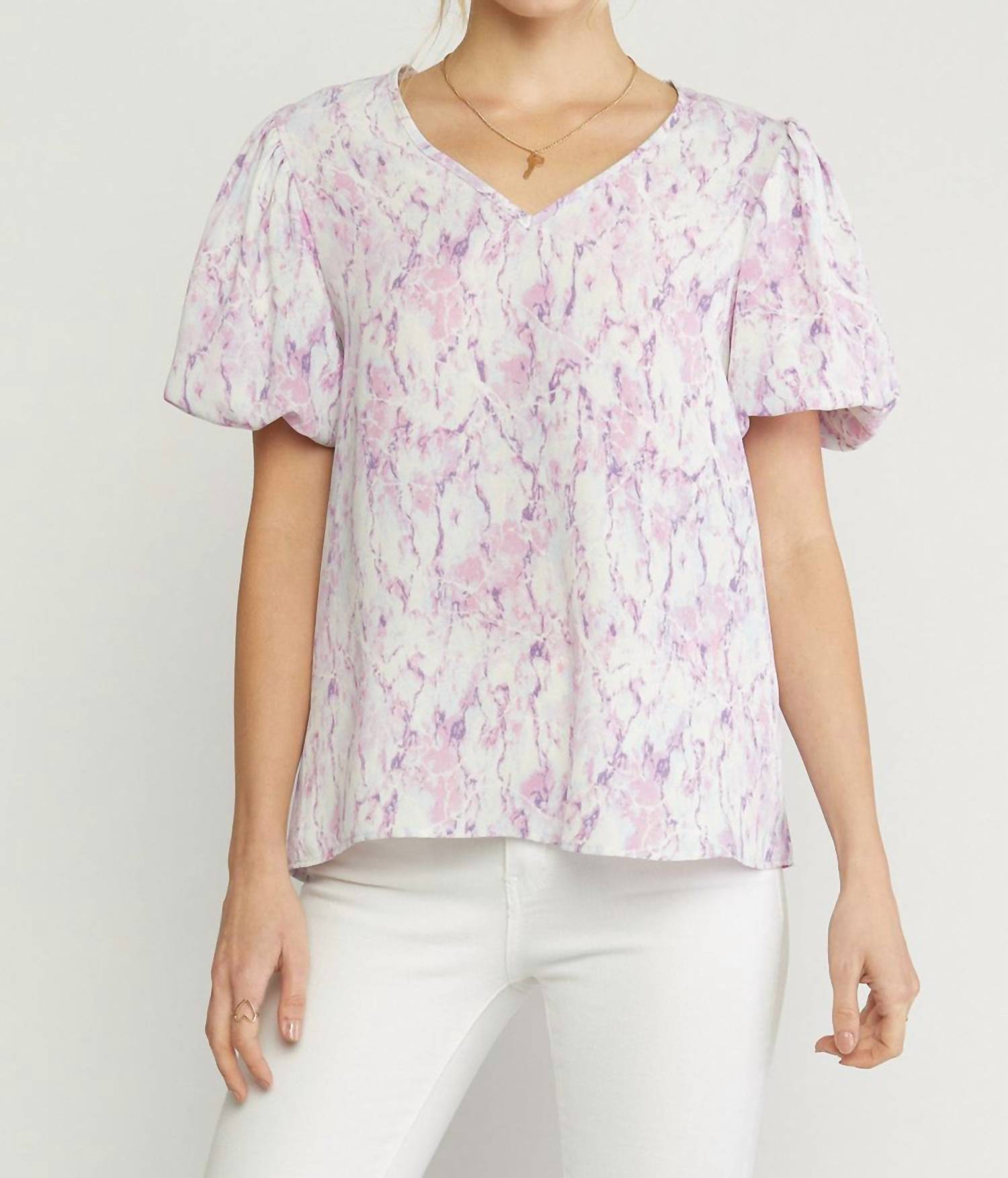 entro Watercolor Puff Sleeve Blouse in lilac - women's blouse - alternate view