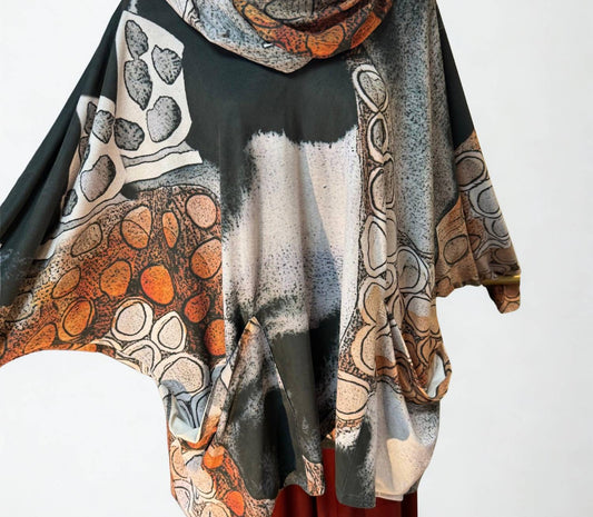 Kaziuki - Faux Suede Print Cowl Tunic Top