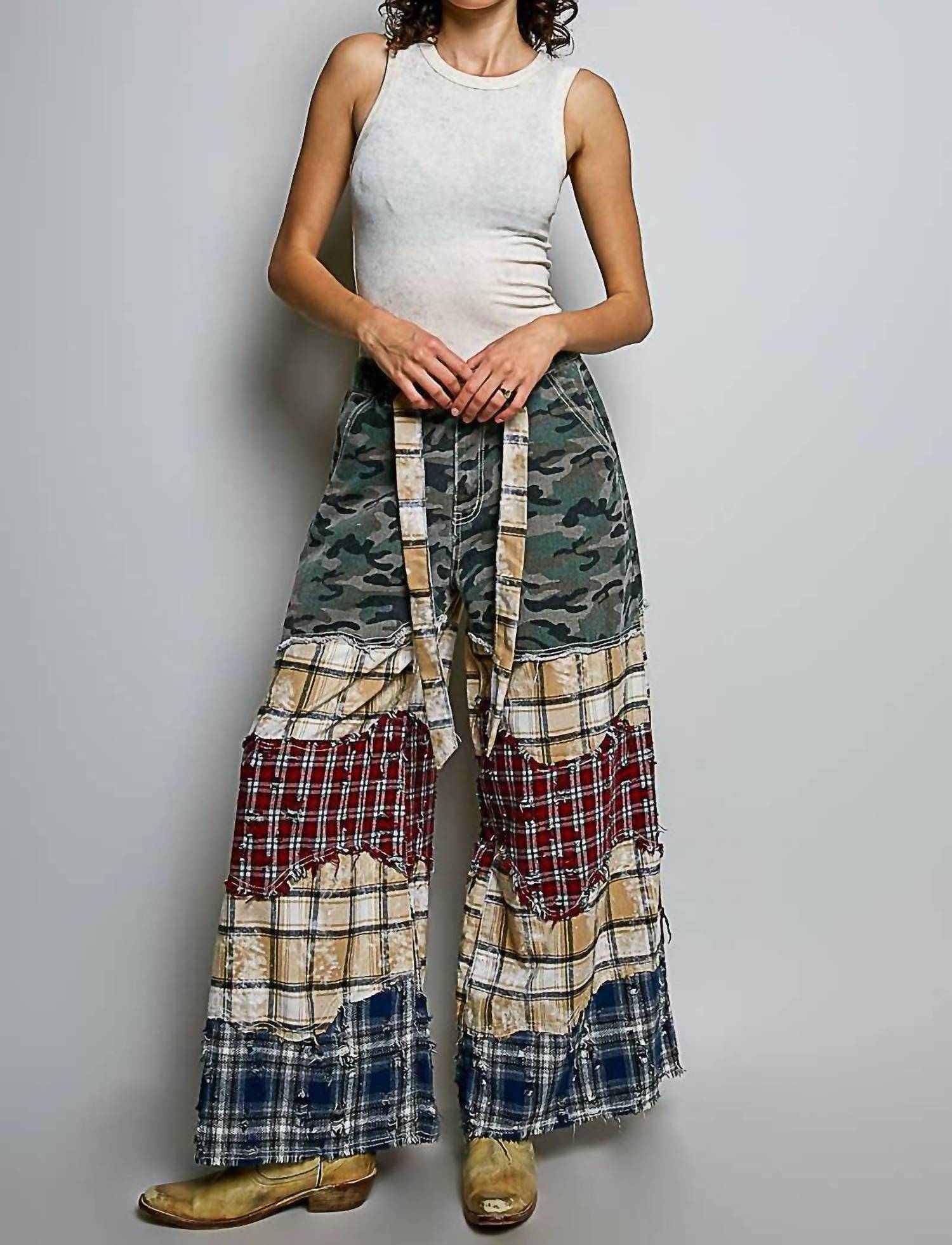Pol - Asymmetrical Patchwork Buckle Back Detail Woven Pants