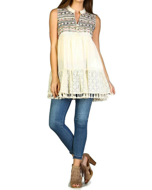 Velzera - Lace & Fringe Embroidered Sleeveless Dress