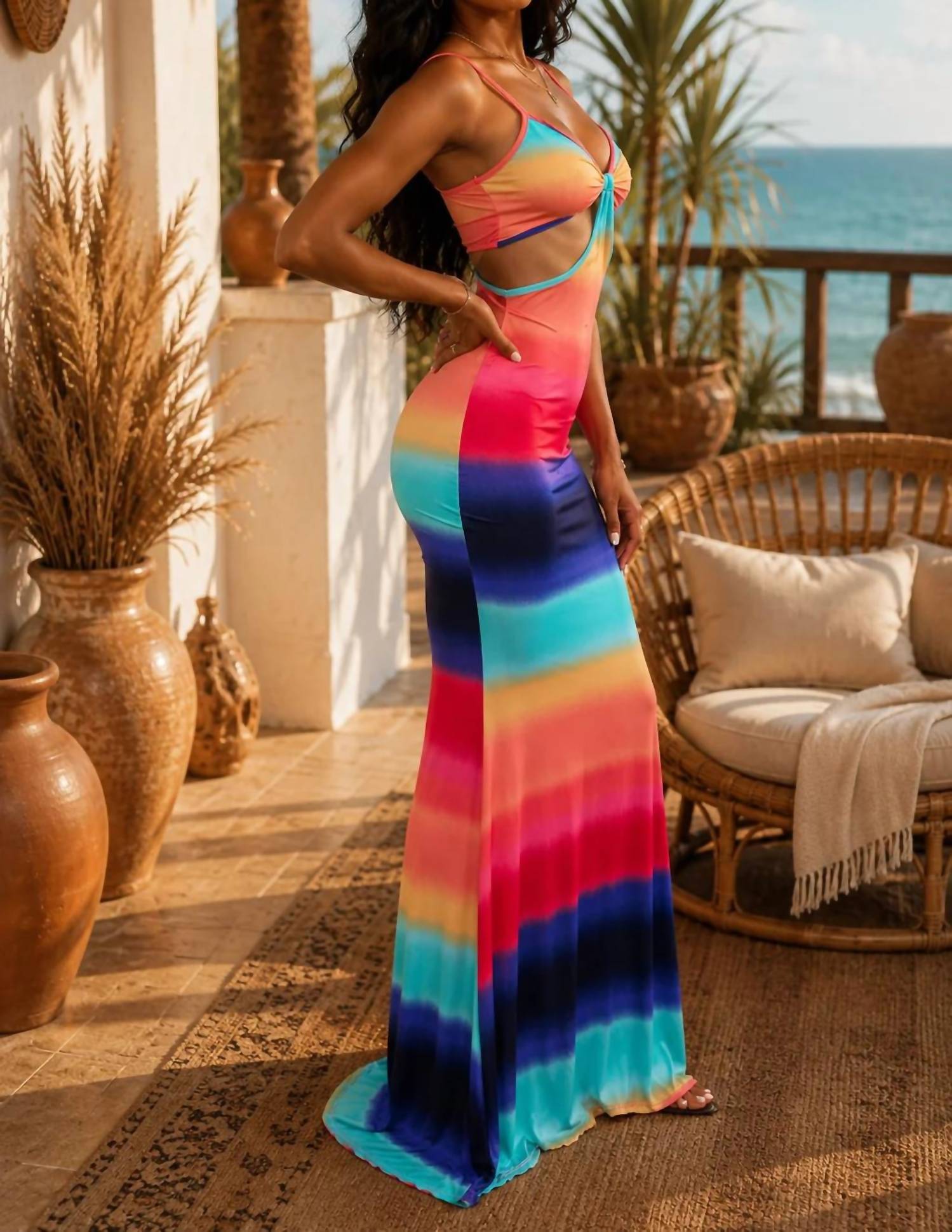 Surelymine - Solara Rainbow Ombre Cutout Maxi Dress