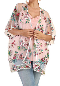 Umgee - Floral Embroidered Sheer Mesh Kimono