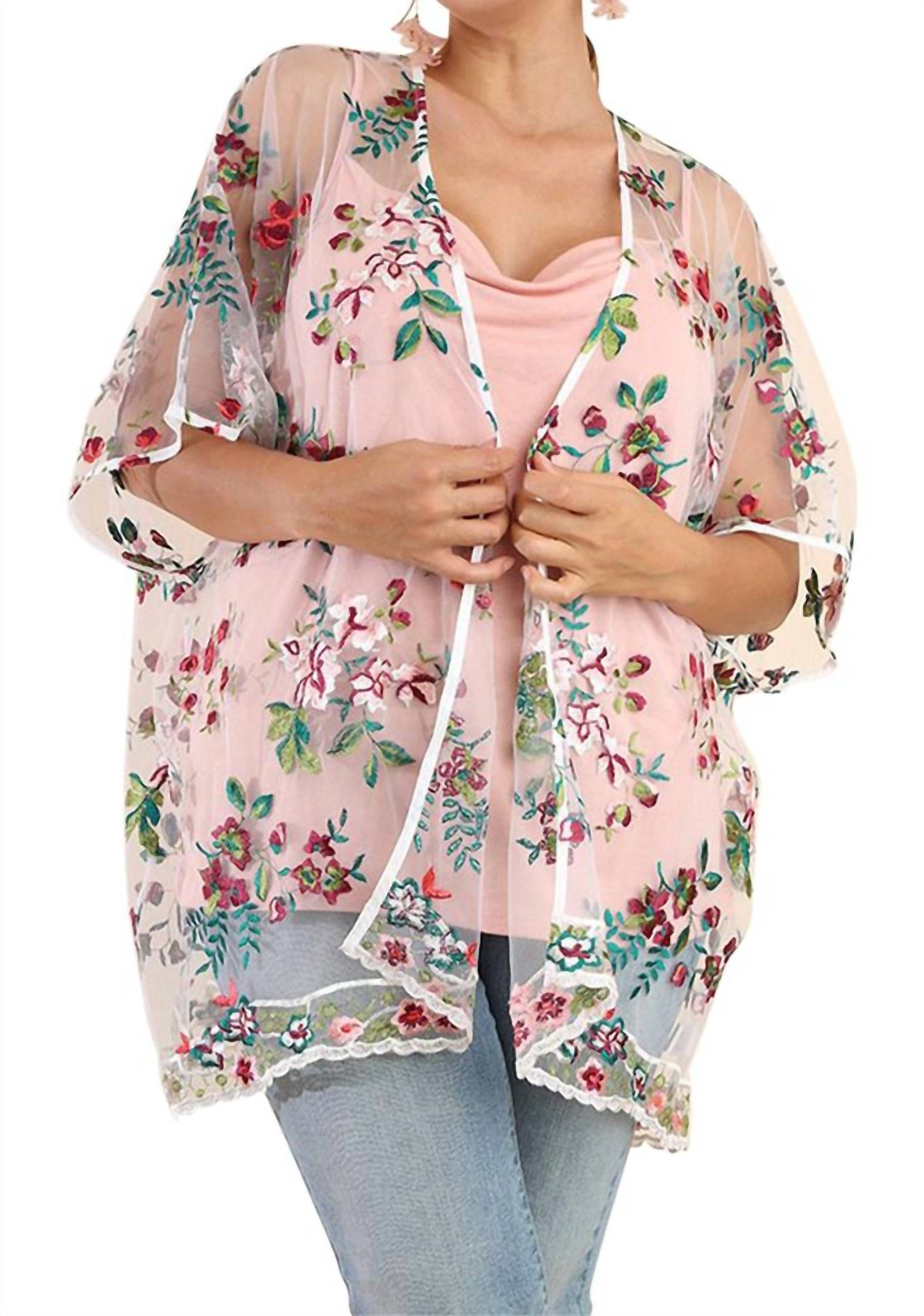 Umgee - Floral Embroidered Sheer Mesh Kimono