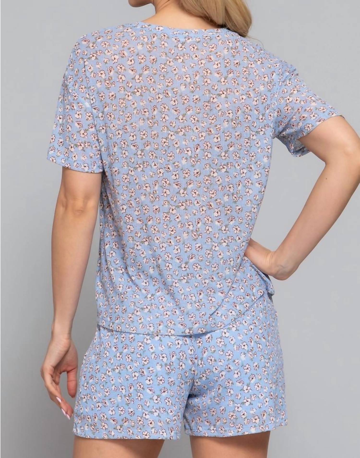Active Basic Short Sleeve Round Neck Floral Print Knit Top & Shorts Set in blue floral - women's sleepwear - alternate view