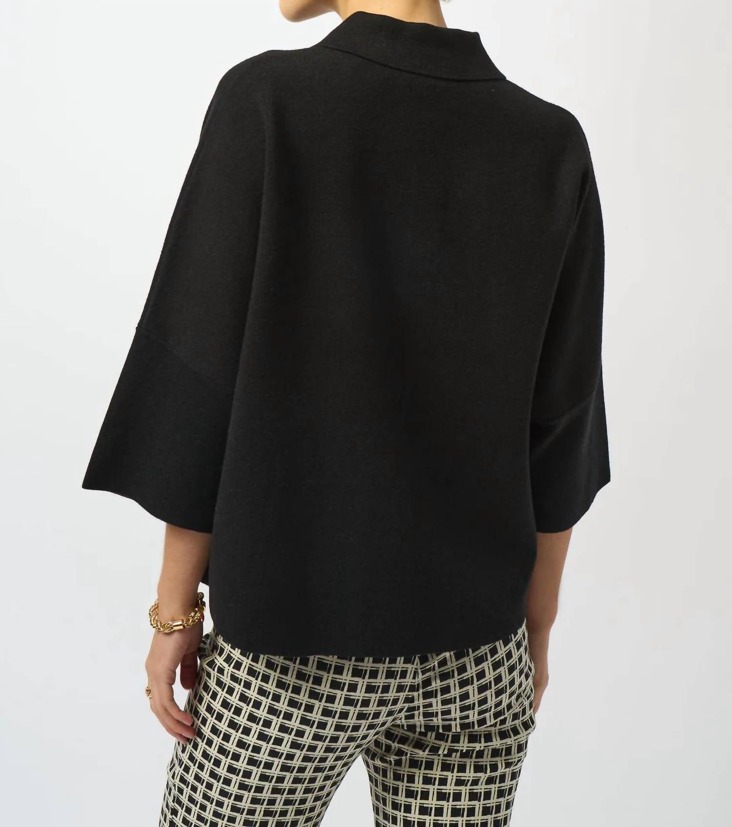 Joseph Ribkoff Collared 3/4 Sleeve Boxy Sweater Top in black - women's sweater - detail view