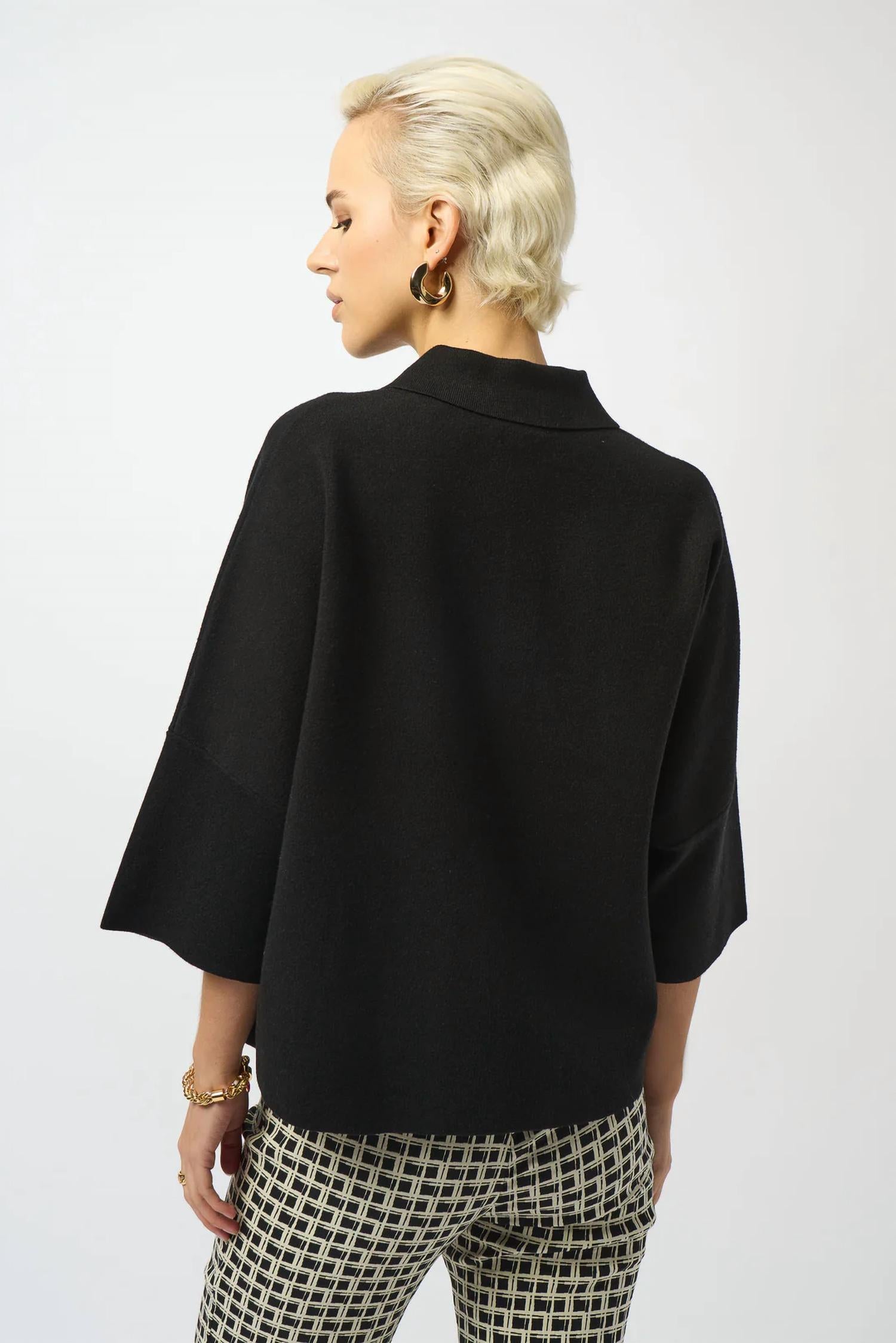 Joseph Ribkoff Collared 3/4 Sleeve Boxy Sweater Top in black - women's sweater - alternate view