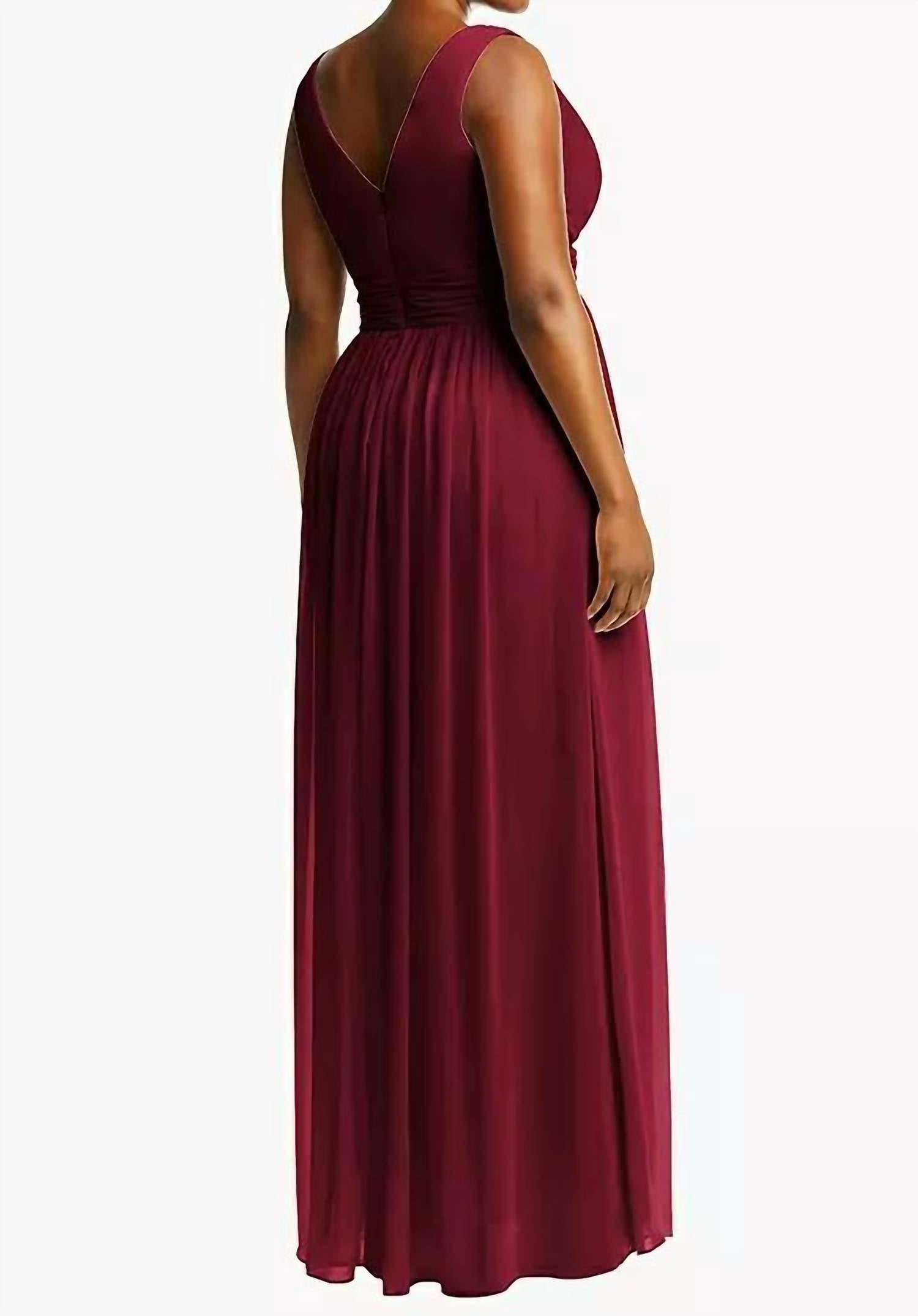 Dessy - V-neck Draped Chiffon Maxi Dress