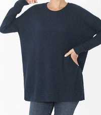 Zenana - Women's Brushed Thermal Waffle Round Neck Sweater